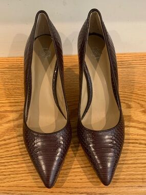 Ann Taylor Croc-Embossed Pointed Toe Pumps - Dark Brown